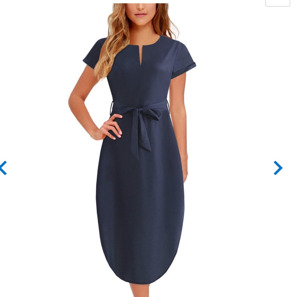 Bokaly Midi blue Dress Side Slit  with Belt,med